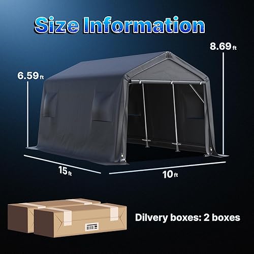 Miniatura 22 de ADVANCE OUTDOOR Refugio de garaje de 10 x 15 pies, techo de metal de acero, cobertizo de almacenamiento portátil para motocicleta, barco o Beige