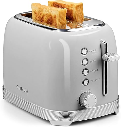 Tostadora de 2 rebanadas de acero inoxidable retro con ranuras extra anchas de 1.5 pulgadas, descongelar, recalentar, cancelar, 6 ajustes de sombra