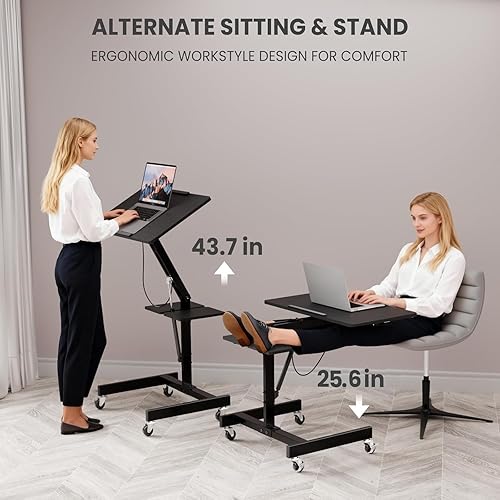 Miniatura 7 de Escritorio móvil de pie con ruedas, mesa para laptop de altura ajustable, estación de trabajo ergonómica portátil de 27.56 pulgadas con ruedas de