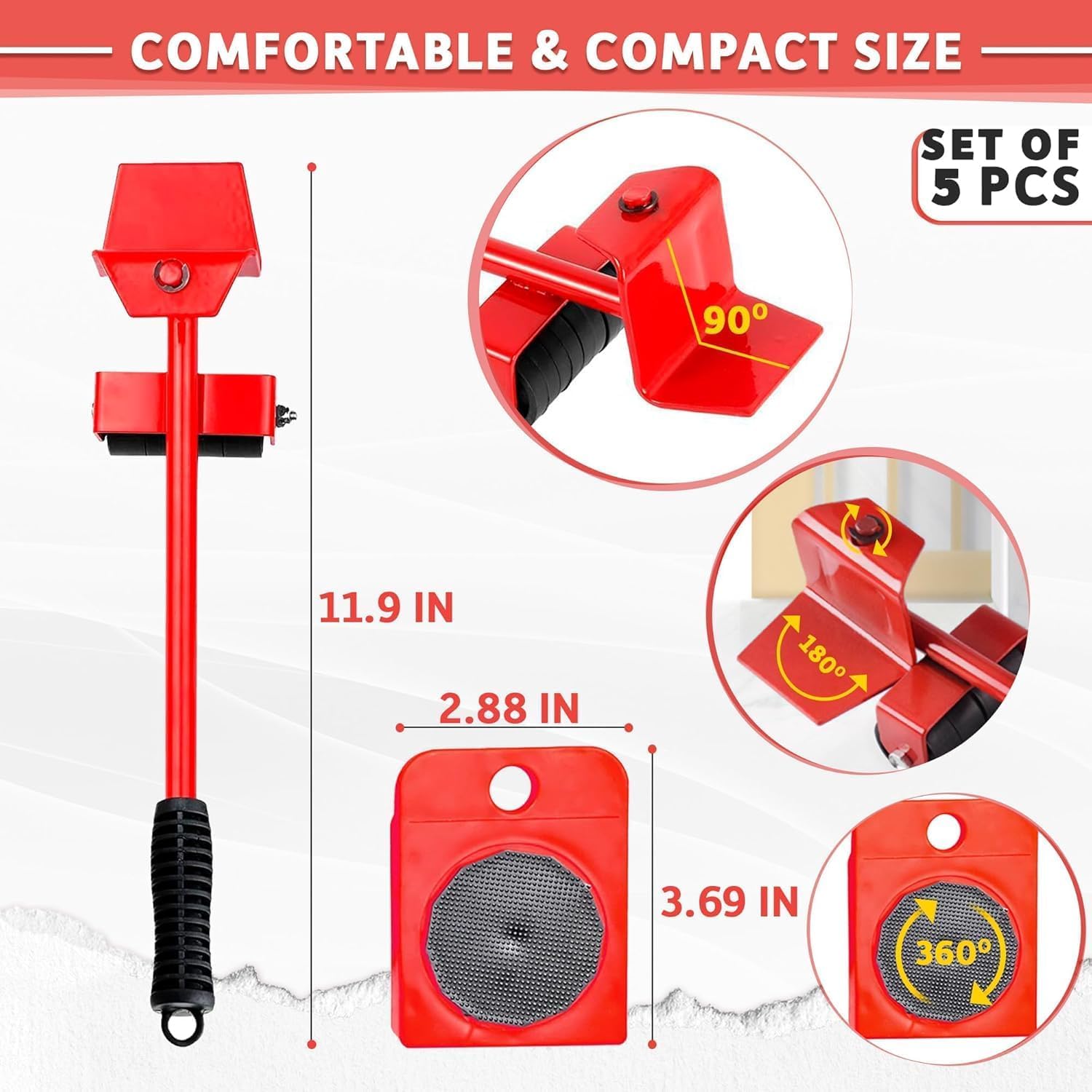 Red Furniture Lifter and Mover Tool Set with Wheels, Heavy Duty Furniture Moving Rollers, Appliance & Fridge Shifter Tool, Easy Home Furniture Shifting Kit for Heavy Loads (Red, Medium) 1