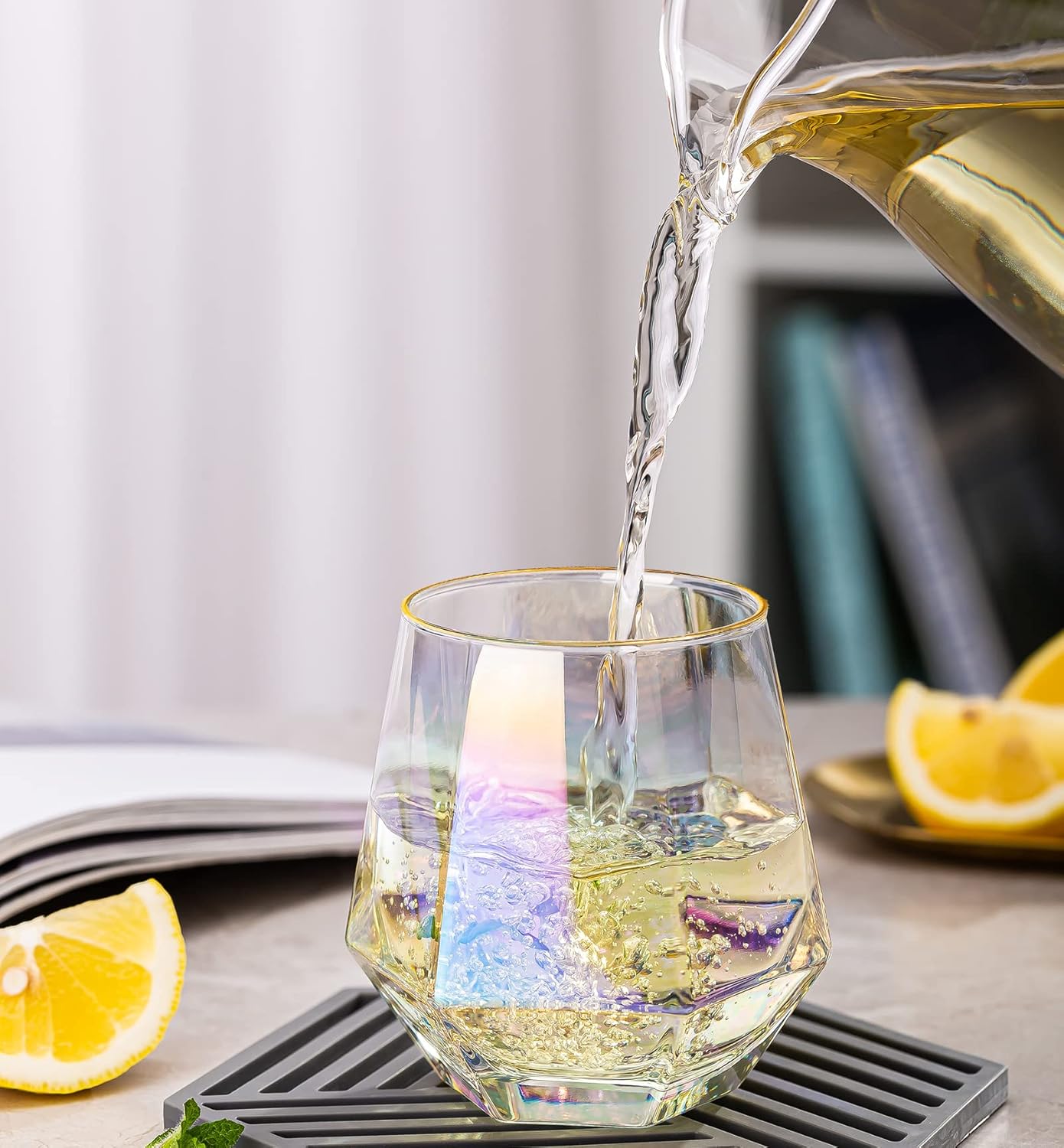 XKXKKE Diamond Wine Glasses Set of 2, 10 OZ Modern Stemless Gold Rim Glass Cups Iridescent Drinking Glassware for Serving Party, Home, Bar, Restaurants, Gift, Rainbow Tumbler, Colorful 2 Pack - Image 5