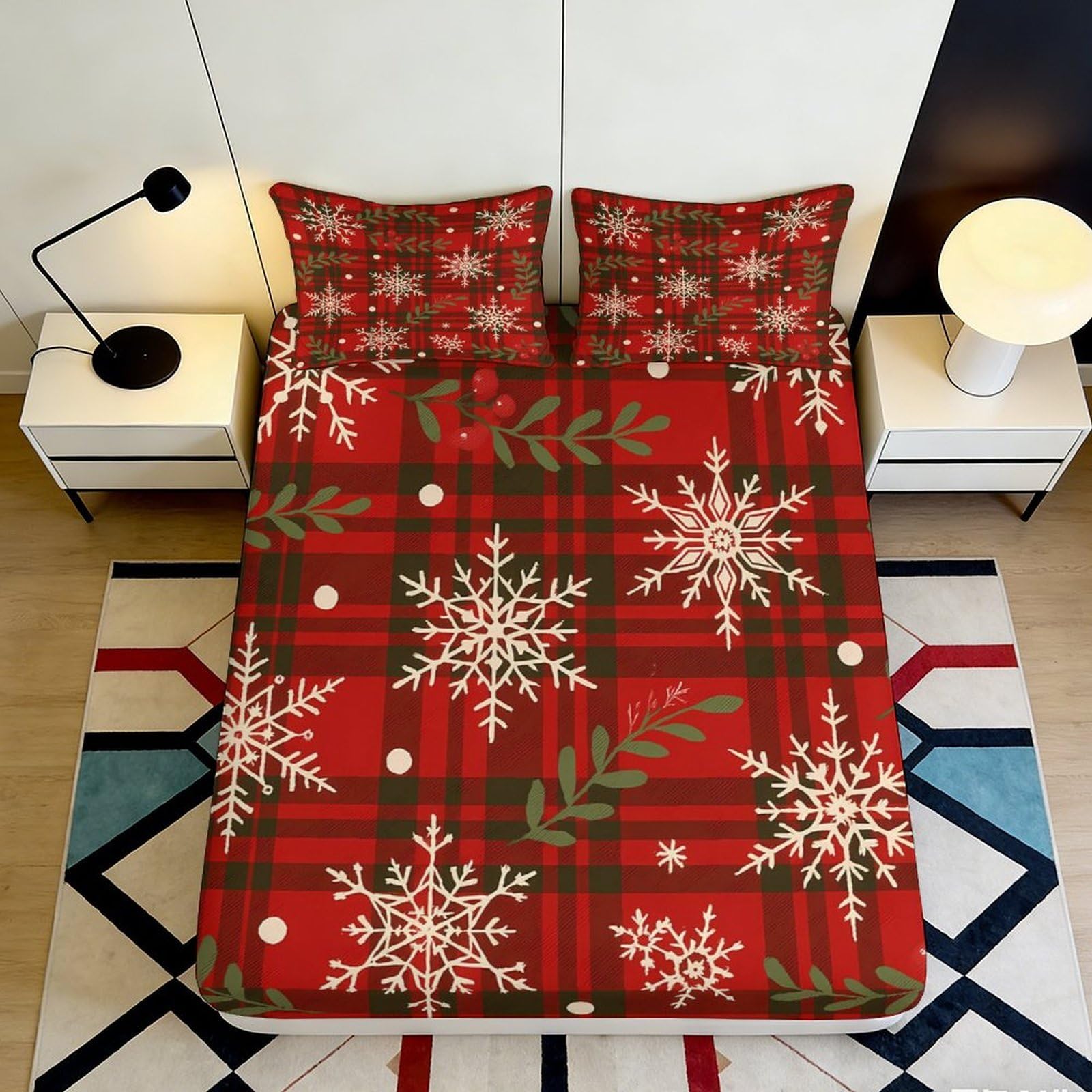 3D Printed Snowflake Plaid Microfiber Fitted Sheet Deep Pocket Non-Slip for Bedroom Snowflake Mattress Fitted Cover 200x200x25cm 90x200x25cm