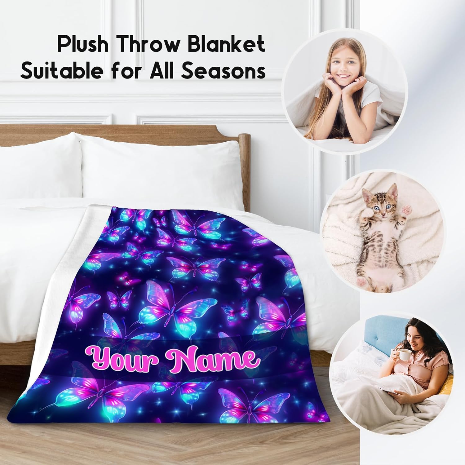 Custom Butterfly Blanket, Cute Soft Throw Gifts for Women, Cozy Flannel Throw Blankets for Couch Office, 60"x80"