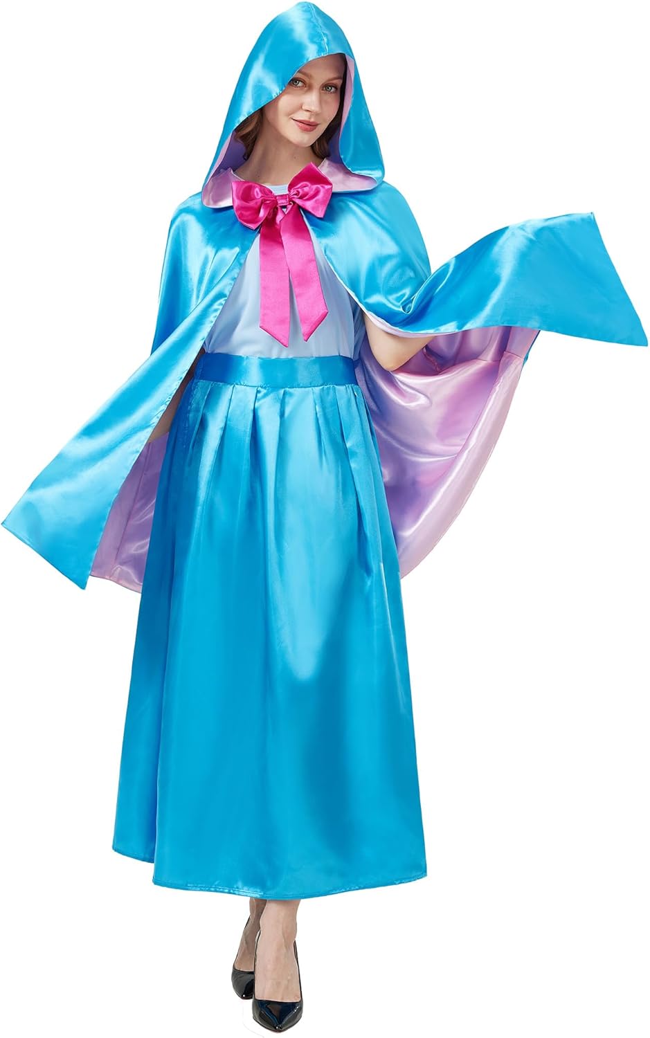 Fairy Godmother Costume for Women Adult Blue Hooded Cape Cloak and Dress Outfit with Bow for Halloween Cosplay