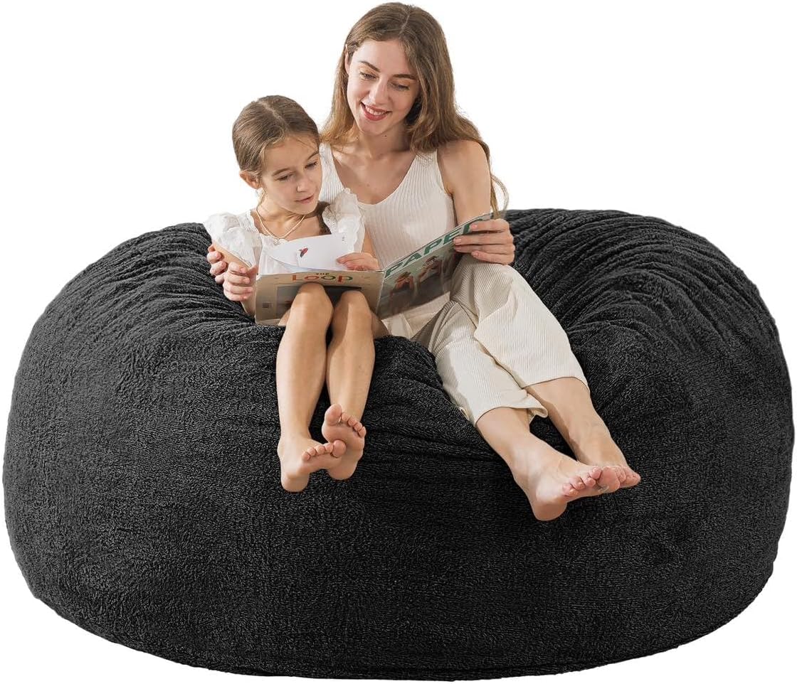 Large Bean Bag Chair: 3 ft Memory Foam Bean Bag Chairs for Adults/Kids,Bean Bag Chair with Fillings,Soft Faux Fur Fabric - Dutch Velvet, Black, 3 Foot