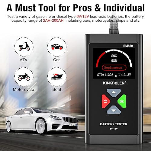 Miniatura 7 de KINGBOLEN BM580 - Probador de batería de automóvil de 6 V y 12 V, probador de voltaje 100-2000CCA, analizador digital de batería de precisión para