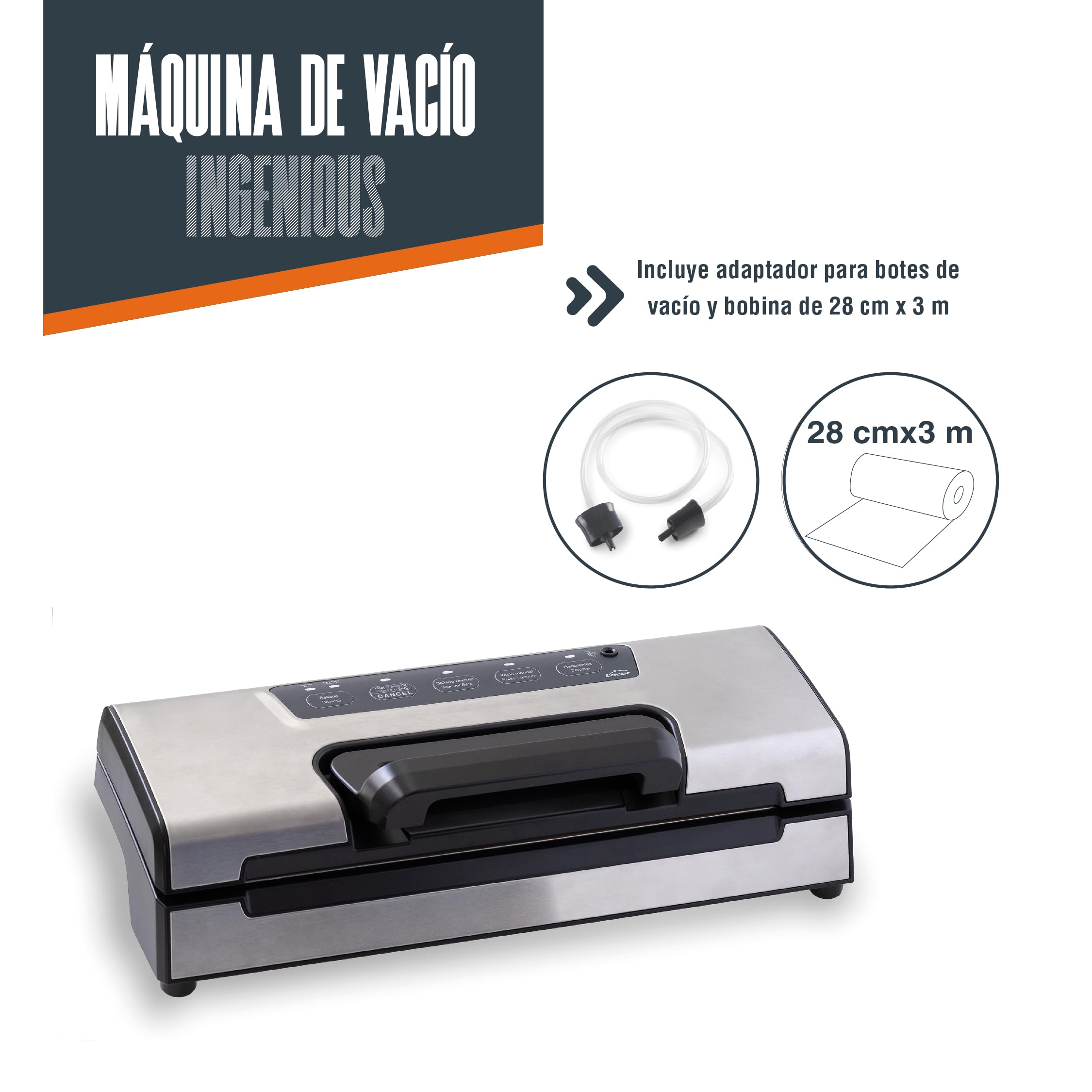 Lacor 69358 - Máquina de Vacío Ingenious, 120 W, 40x17, 5 cm, Incluye | Para un uso práctico y profesional en cocina; perfecto para el día a día en hostelería y en casa, cómodo de usar y de guardar