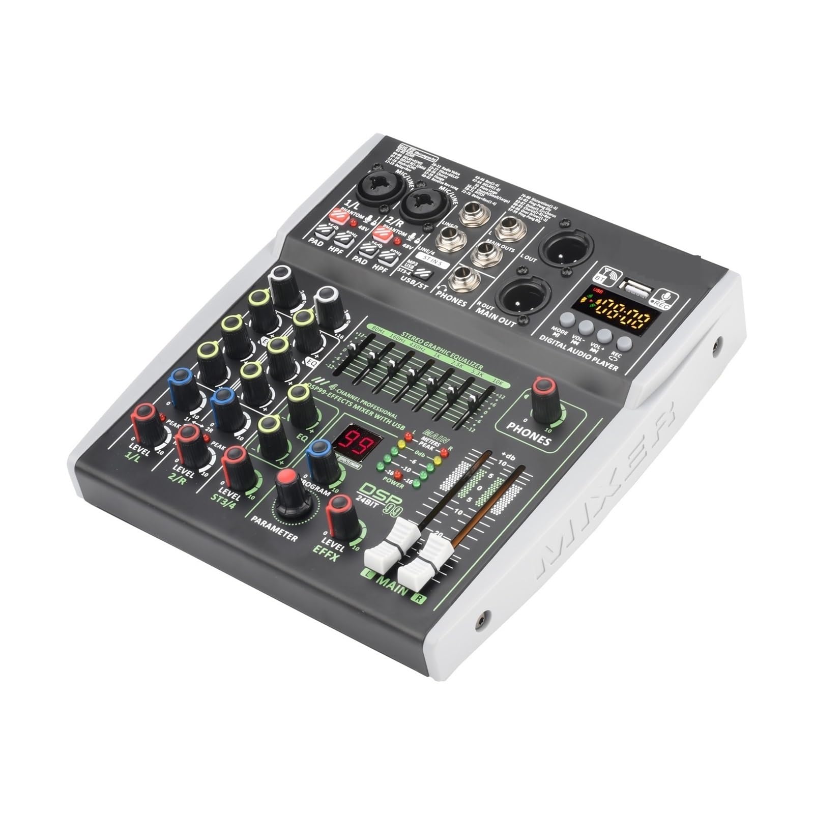 Mezclador de audio, Mezclador de audio 4/6 canales, alimentación fantasma individual 48 V, E 99 efectos DSP, USB, reproducción ordenador, grabación poasts(6 channel)