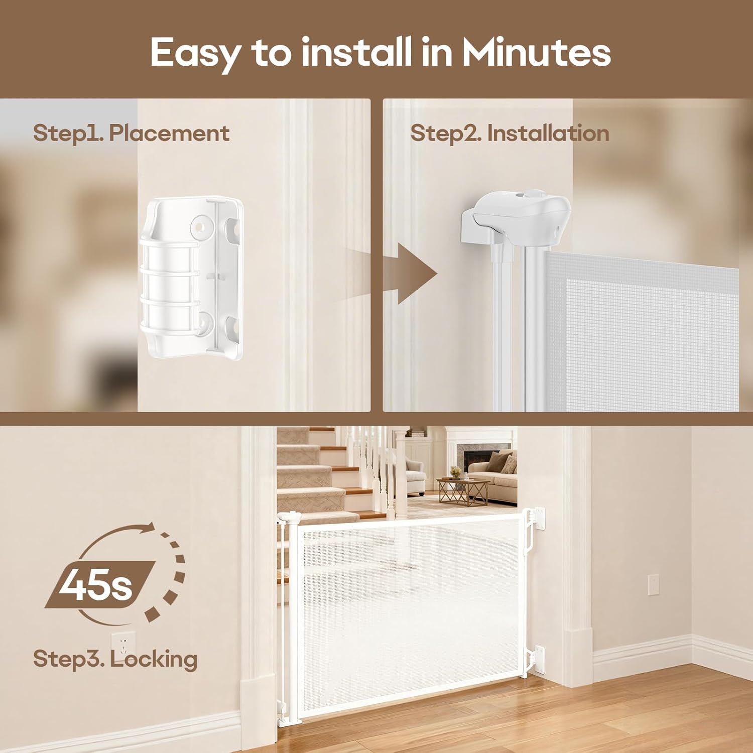 Retractable Safety Baby Gate or Mesh Dog Gate,Durable Portable Mesh Retractable Gate,Easy to Use for Stairs, Doorways, Hallways, Indoor, Outdoor, 33.5 Tall, Extends to 55 Wide,White