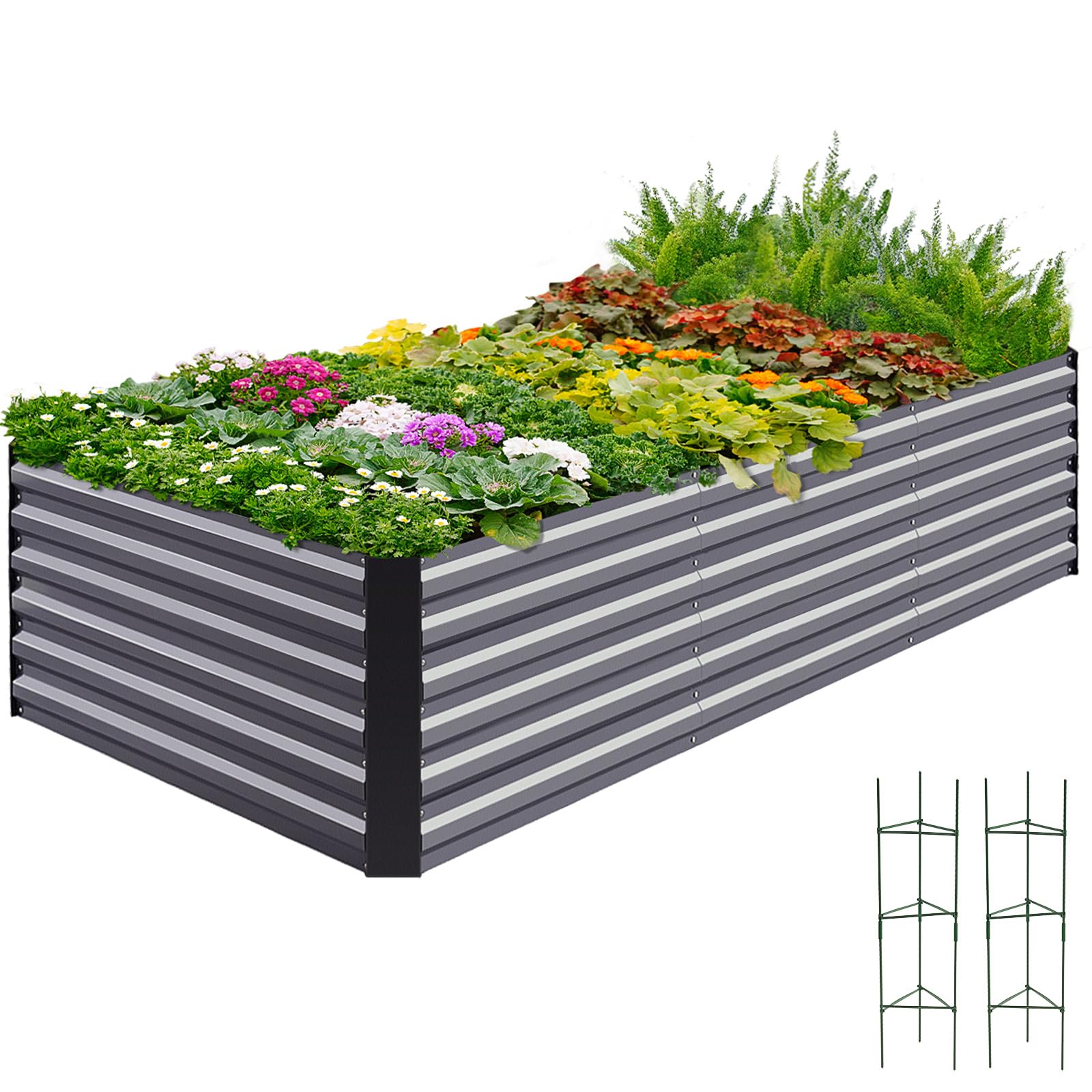 Quictent Hochbeet Pflanzkasten aus Metall, 180 x 90 x 62cm Kräuterbeet ohne Boden für Garten, Freistehendes Gemüsebeet mit Tomatenkäfigen,Grau