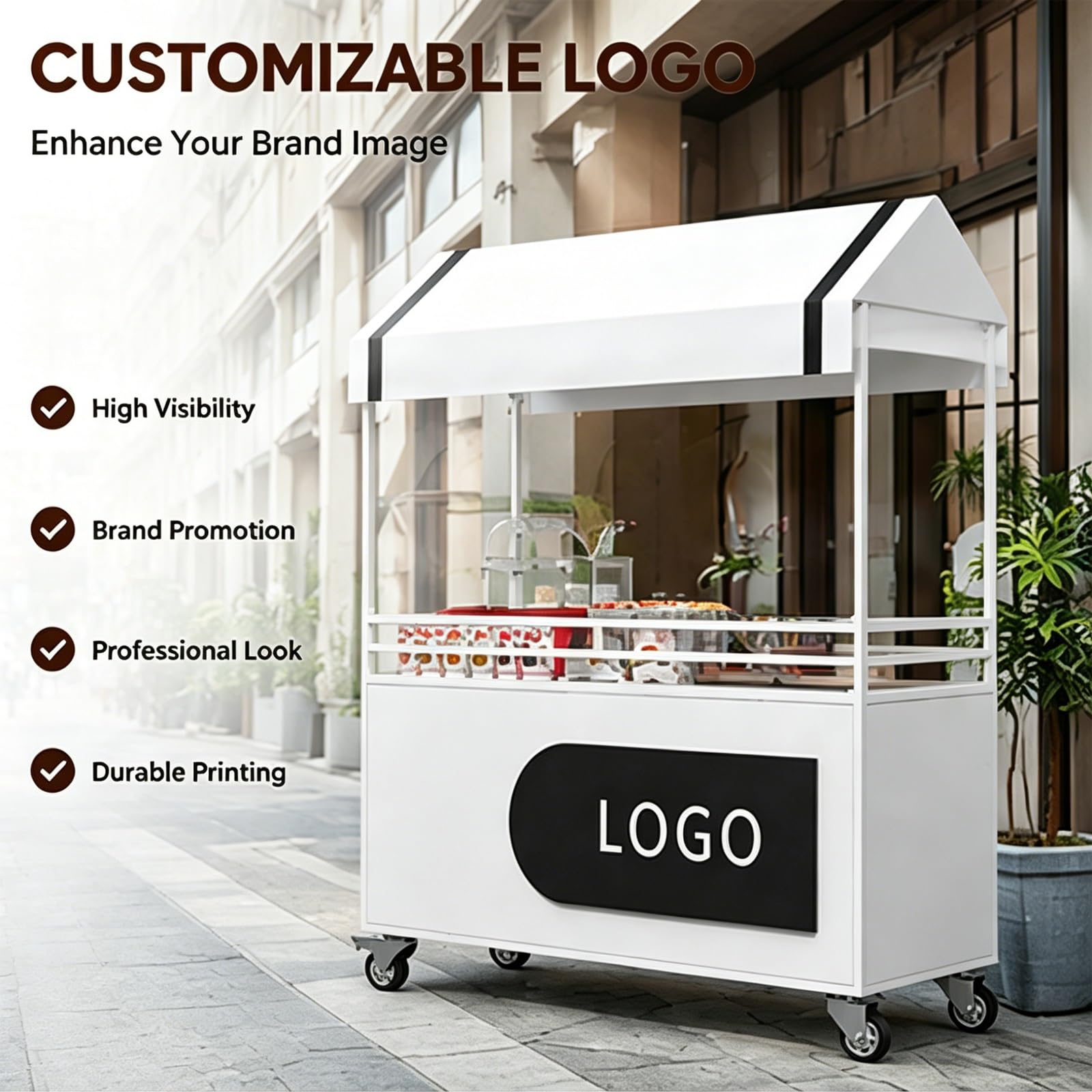 Carro de Venta Ambulante con Ruedas Giratorias de 360° y Toldo, para Mercados de Agricultores, Festivales, Playas, Eventos Al Aire Libre y Mercados Callejeros(Yellow,120x60x190cm/47x24x75in)