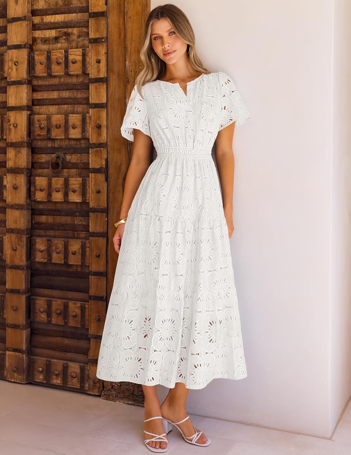 MEROKEETY Women's Summer Floral Maxi Dress 2026 Spring Boho Vacation Eyelet Lace Short Sleeve A Line Tiered Flowy Dresses - Image 6
