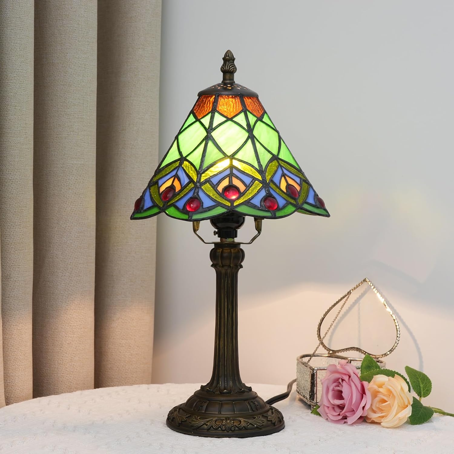 Tiffany Replacement Lamp Shade, 8 Inch Green Peacock Tail Stained Glass Lamp Shade Handmade Vintage Lampshades Accessories Fit for Table Lamp Pendant Light Wall lamp