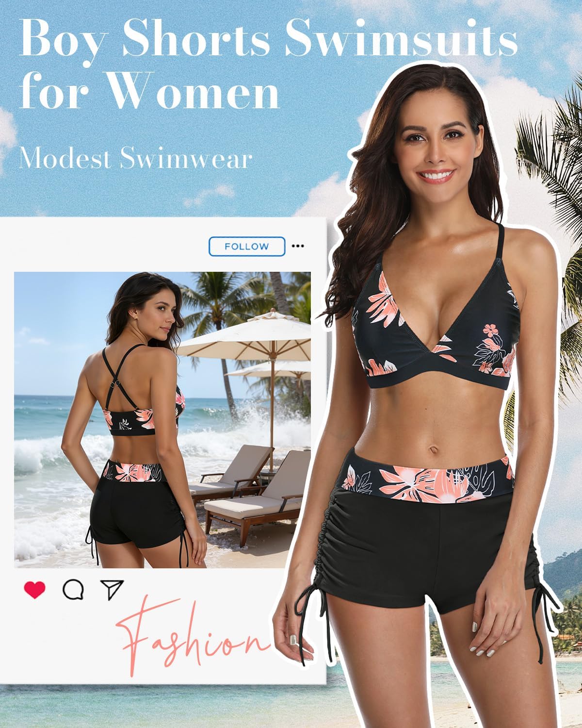 Century Star Women Two Piece Swimsuit with Boy Shorts - Modest Swimming Suits High Waisted Bathing Suits Bikini Set - Image 3