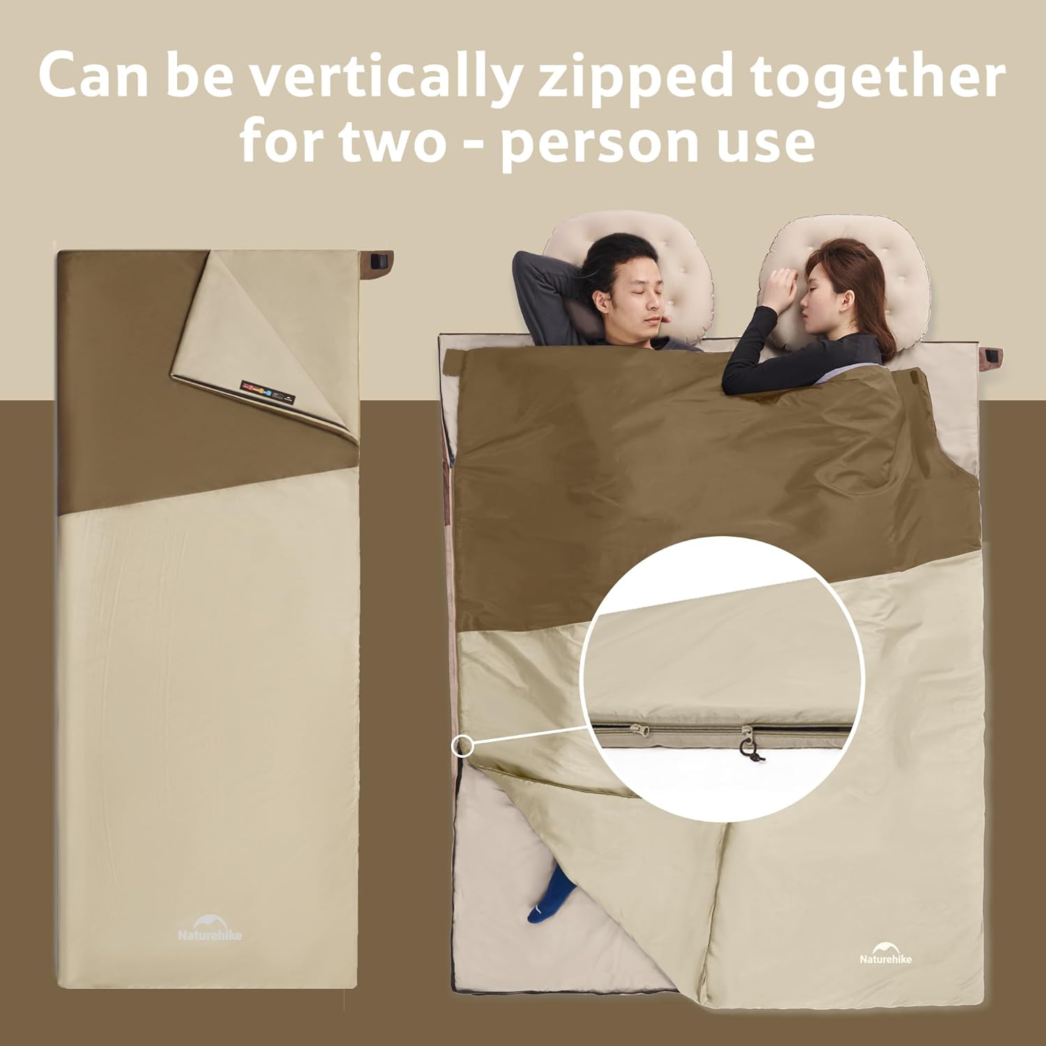 Two Naturehike sleeping bags zipped together to form a double sleeping bag, with a close-up of the zipper mechanism.