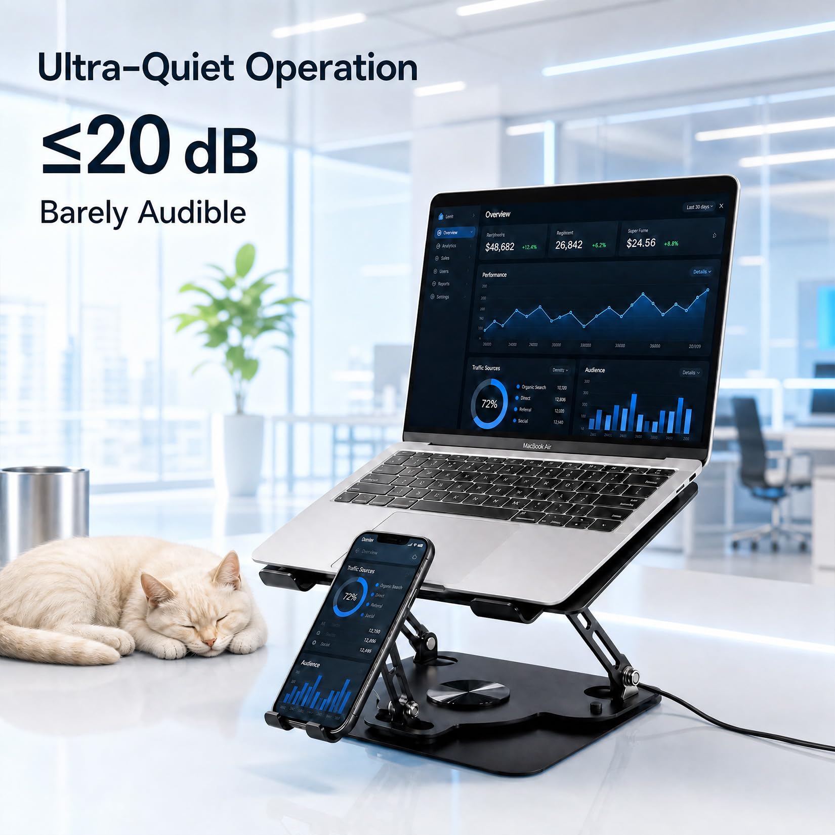 Base di raffreddamento per laptop con ventola e raffreddamento staccabili, supporto regolabile 2 in 1 per laptop e telefono, base girevole a 360°, struttura in acciaio al carbonio per laptop