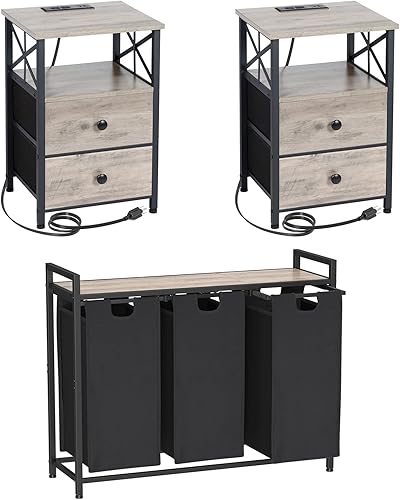 AMHANCIBLE Mesita de noche con estación de carga, clasificador de lavandería 3 secciones