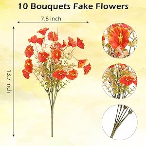 Lcuasc 10 Bundles Artificial Fall Mums with Eucalyptus, Faux Morning Glory UV Resistant Outdoor Decor - Autumn Orange Flowers for Front Door Porch Planter, Patio, Thanksgiving Christmas(Orange)