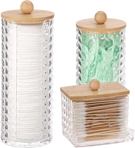 Tecbeauty Juego de 3 recipientes de plástico transparente para boticario, juego de accesorios de baño para almacenamiento de hisopos de algodón,