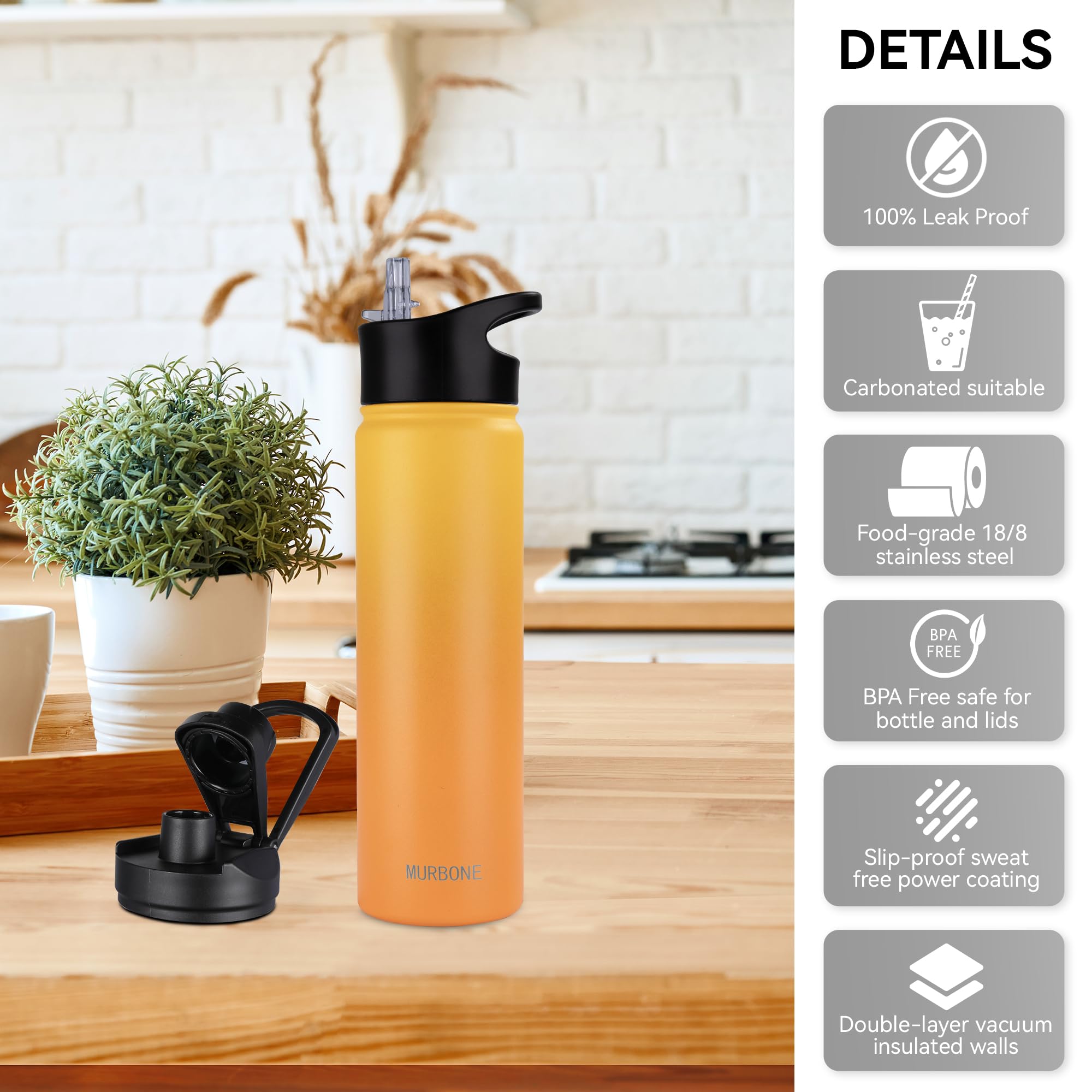 MURBONE Insulated Water Bottle, 750ml Stainless Steel Drink Flask with Straw, BPA Free, 2 Lids (Straw Lid and Spout Lid) - Image 4