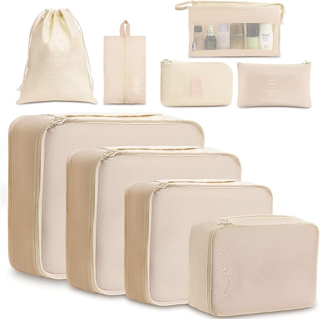 Meowoo 9Pcs Packing Cubes for Suitcases, Waterproof Travel Luggage Organizer Packing Bags Storage Bags Travel Essentials Bag with Cable Organisers Bag (Beige)