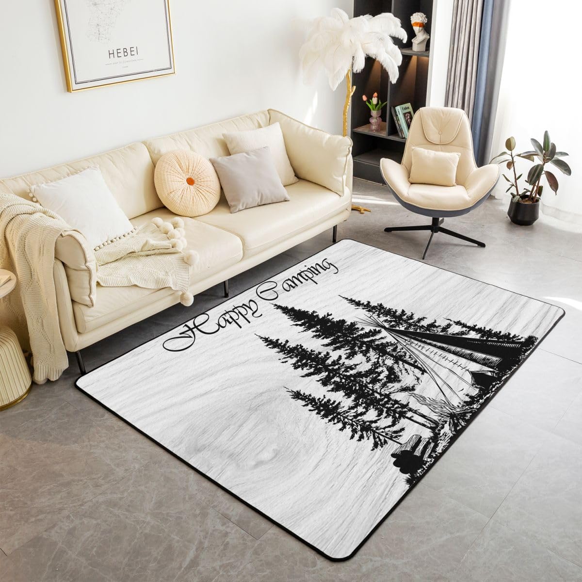 Homewish Ognisko Namiot Dywanik 150 x 200 cm do sypialni - Szkic Rysunek Drzewa Sosnowe Dywany Obóz Salon Dom Wiejski Wesoły Kemping Niegubi Dywan Domek Domek Sosny Kamper Duże Dywany