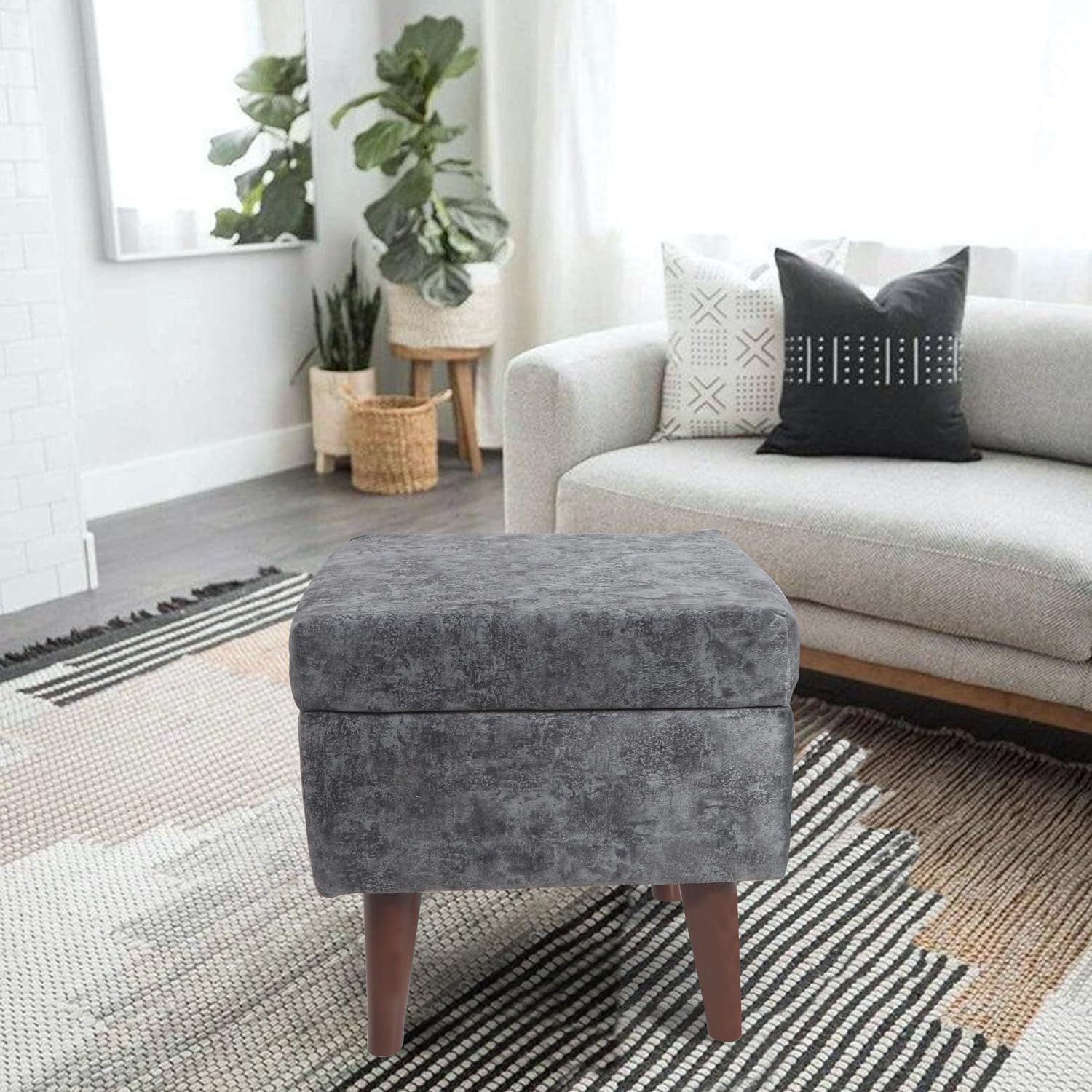 The Home Co. Printed Square Pouffe for Living Room Sitting Furniture with Eucalyptus and Mango Wood. Velvet Footrest Footstool Pouf for Home Decor, Dressing Table Stool (16 Inch Height, Grey)-picture-12