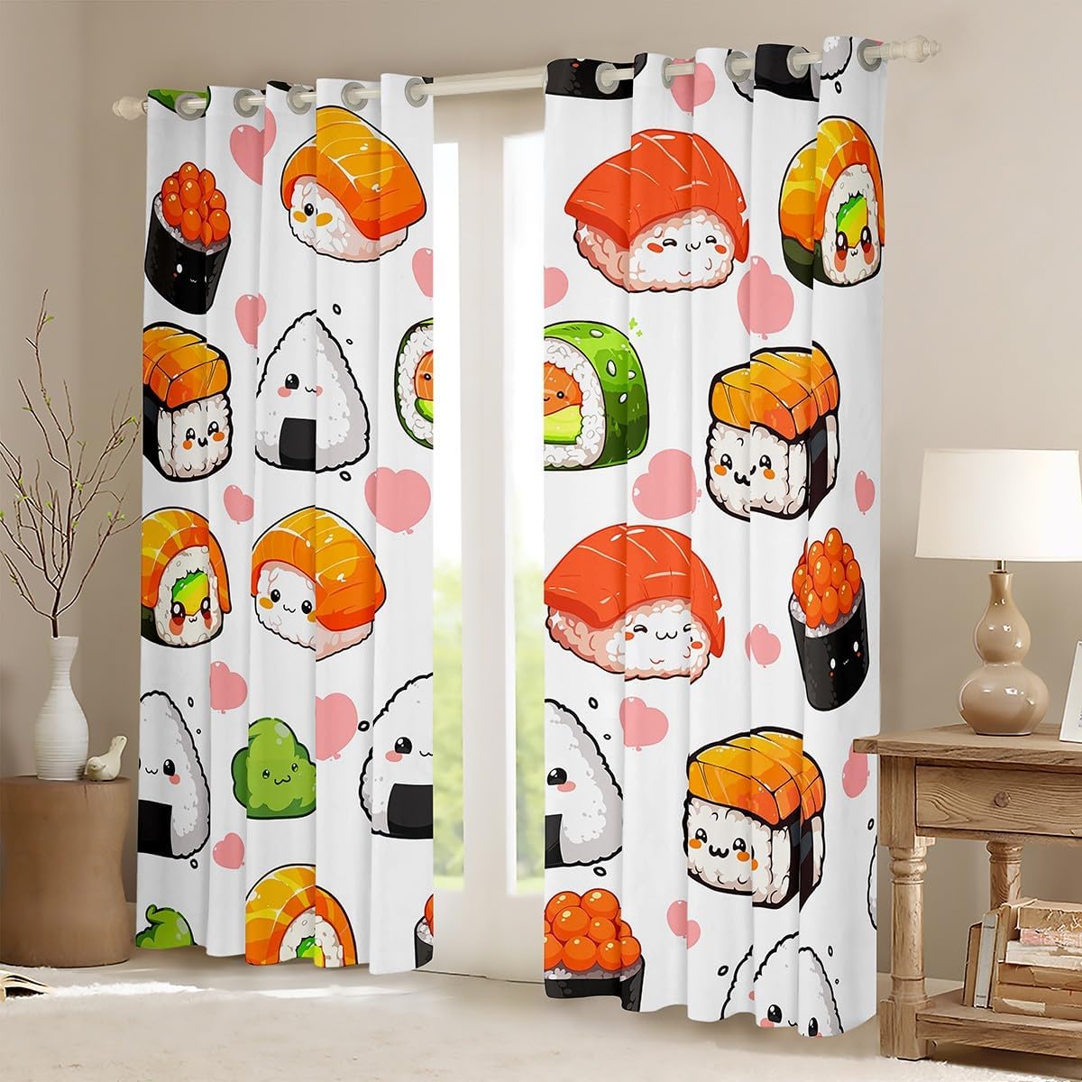 Feelyou Kids Cute Sushi Curtains for Bedroom Japanese Style Kawaii Decor Curtains for Bedroom Lovely Sushi Pink Heart Window Drapes Cartoon Window Treatments Decor (2 Panels， 38 x 45 Inch)