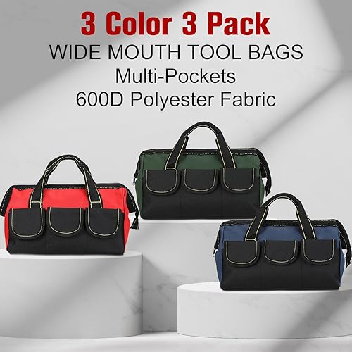 Miniatura 6 de Sanwuta - Paquete de 3 bolsas para herramientas, alta resistencia, fondo rígido impermeable, boca ancha, para electricista, carpintero, mecánico, 13