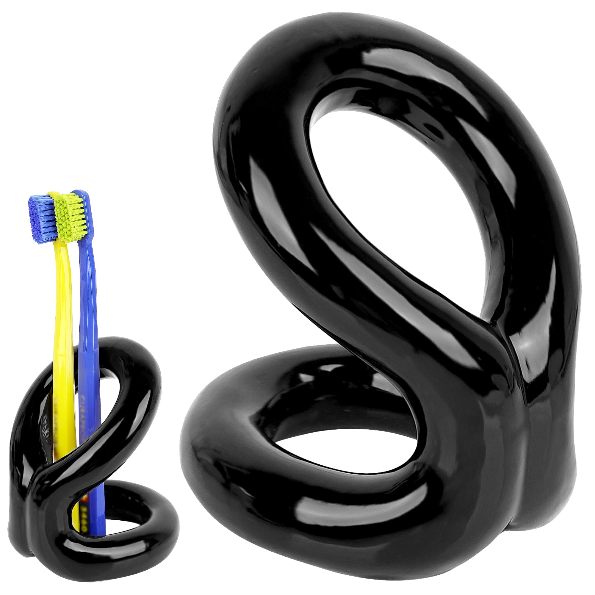 DODAMOUR Toothbrush Holder, Modern Ceramic Knot Stand for Bathroom Vanity, Black Aesthetic Storage Organizer for Toothbrushes & Makeup Brushes, Minimalist Countertop Decor