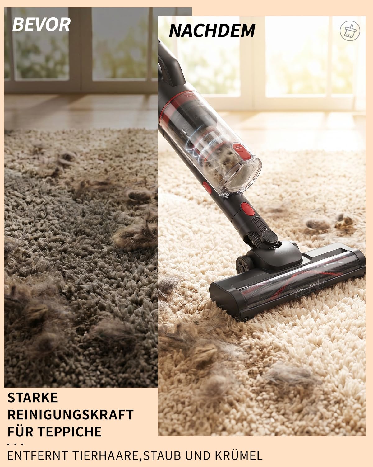 Akku Staubsauger Kabellos 40KPa/450W/50Min, Akkustaubsauger | Tierhaare/Teppiche/Hartböden/Auto| Anti-Tangle-Bürste| Selbststehend| Wandladestation| 8-Schicht-Filtration|Ultraleise