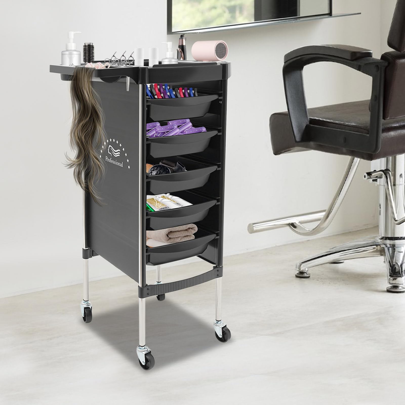 Carrito de peluquería con ruedas 6 niveles 5 cajones extraíbles negro