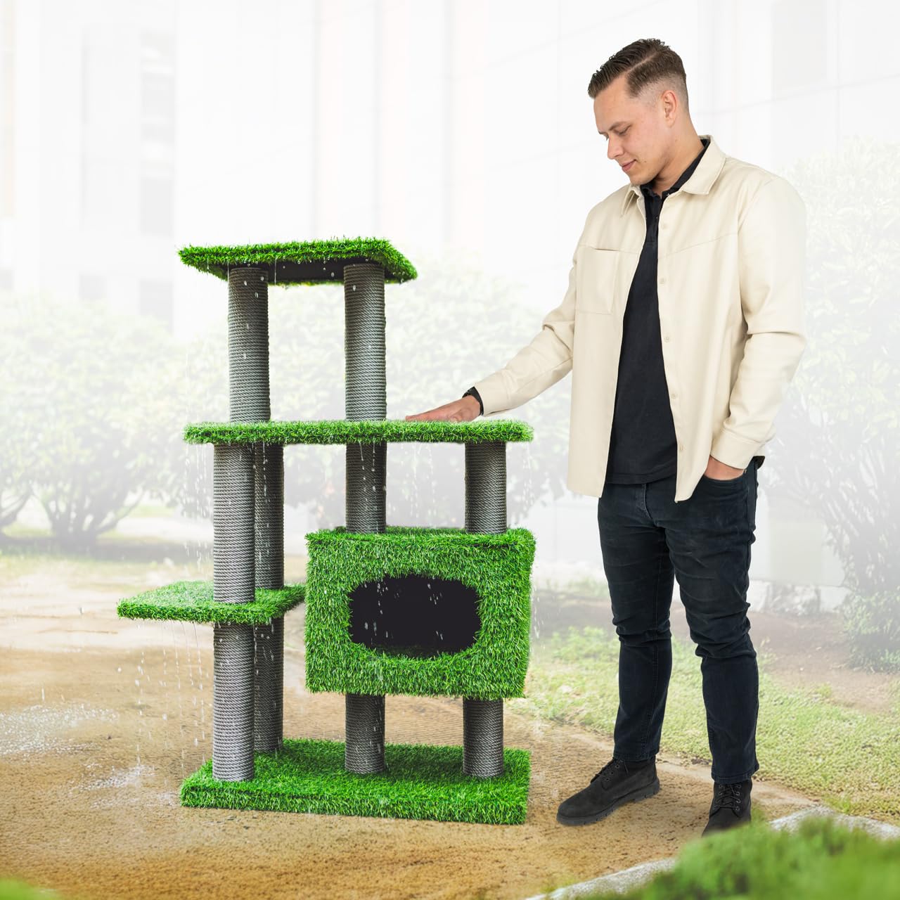 CanadianCat Company | Outdoor Kratzbaum Parker - Kletterbaum mit Kunstrasen | 85 x 45 x 117 cm | wetterfest für Balkon & Terrasse