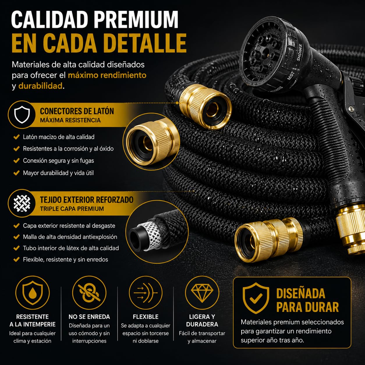 Manguera Extensible Jardín hasta 15 metros con Pistola de Riego Premium de 8 modos, Conectores de Latón 1/2 y 3/4, Resistente y duradeea. Manguera agua flexible Reforzada Antifugas Alta Presión