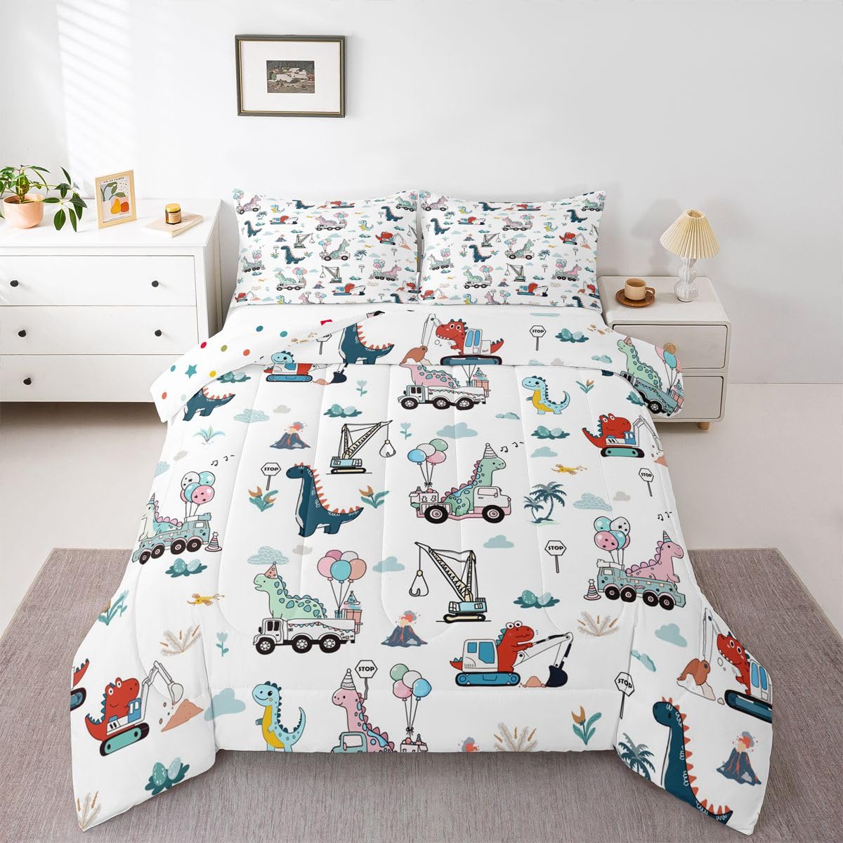 Cartoon Dino Excavator Comforter Set Twin Size, Cartoon Car Dinosaur Construction Comforter Set Kids toddler Construction Vehicles Comforter Construction Site Cars Duvet Set Microfiber Quilt Set