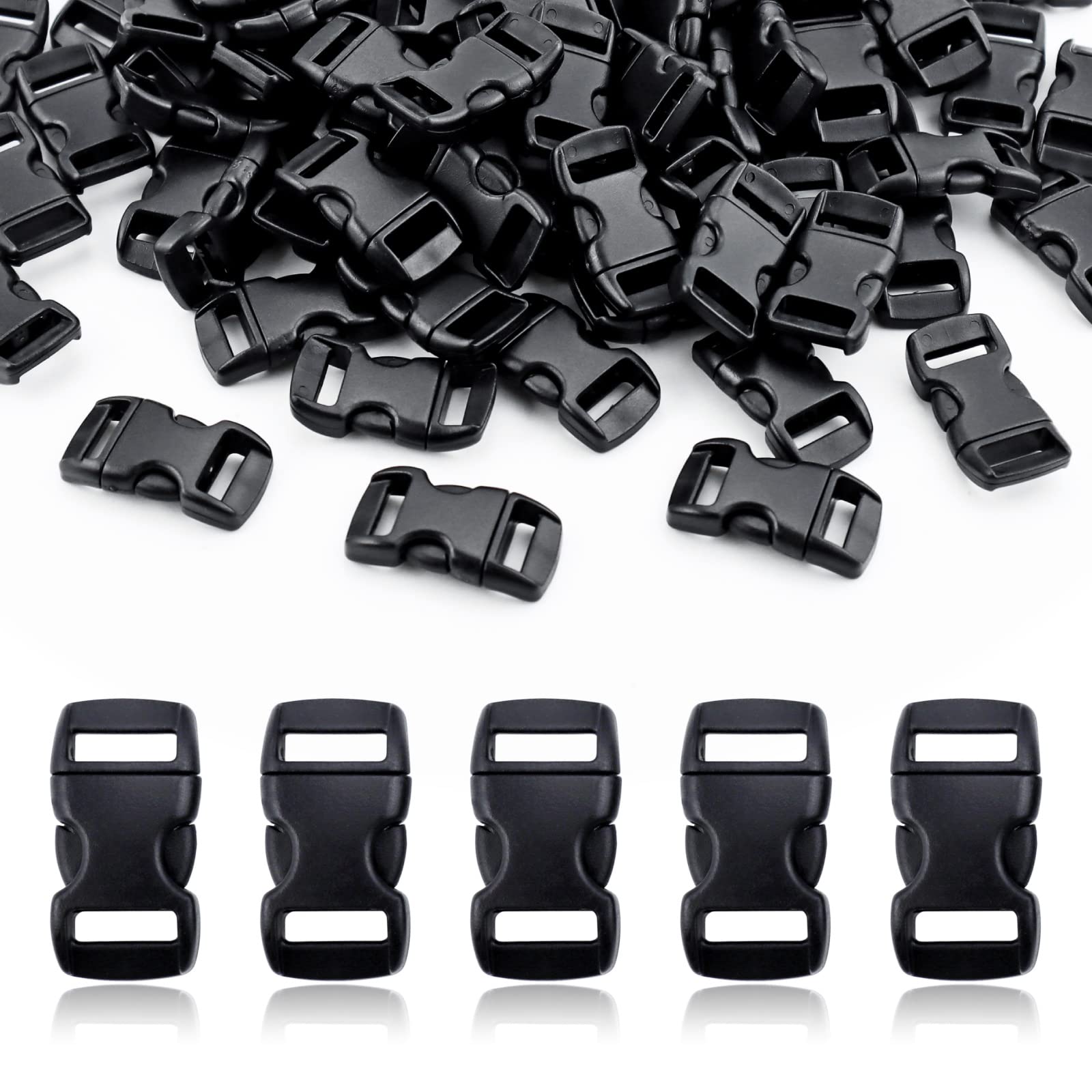 LEEFONE 100 Pack Black Plastic Curved Buckle, 3/8 Inch Side Release Quick Buckles Backpack Buckle for Luggage Straps Webbing Belt Tactical Bag Gear