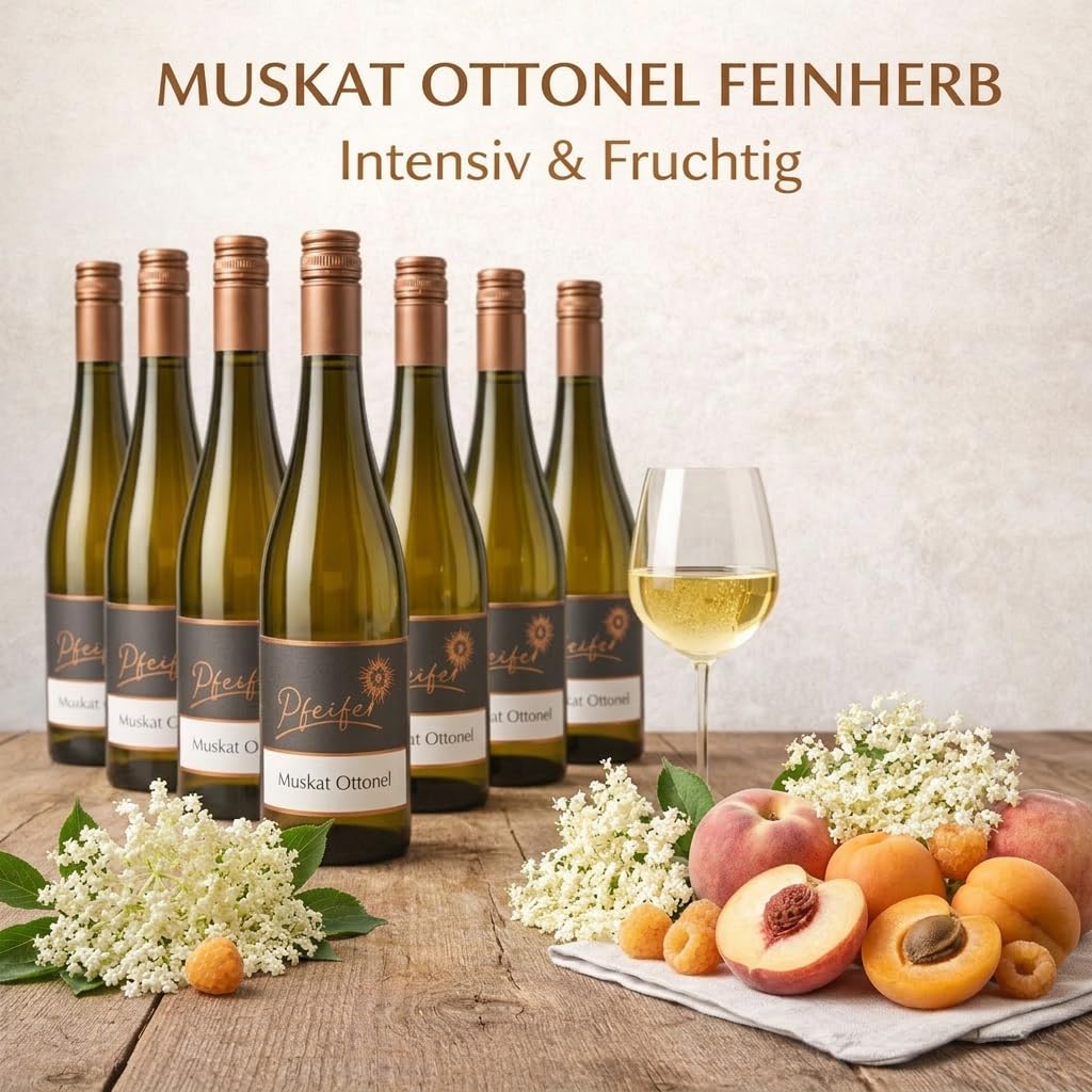 Muskat Ottonel Feinherb Weißwein 6x 0,75L – Aromatischer Weißwein Fruchtig & Blumig – Angenehme Restsüße (28,5 g/l) – Frische Säure (6,7 g/l) – Perfekt als Aperitif & zu Leichten Speisen