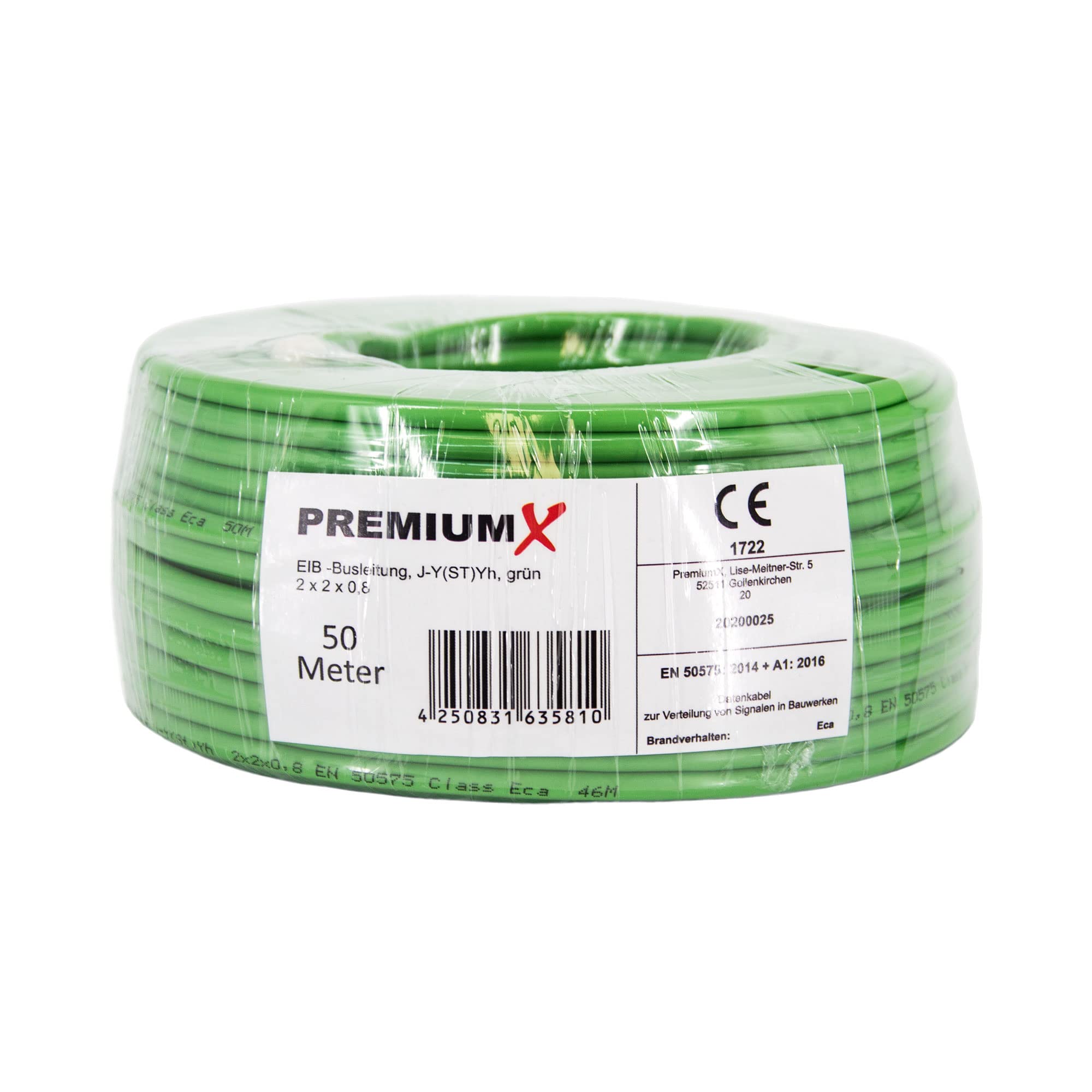 Premium X EIB KNX - Cable de bus (50 m, J-Y, 2 x 2 x 0,8, Eca, cable de bus, cable de telecomunicaciones, cable de datos, cable de datos, color verde