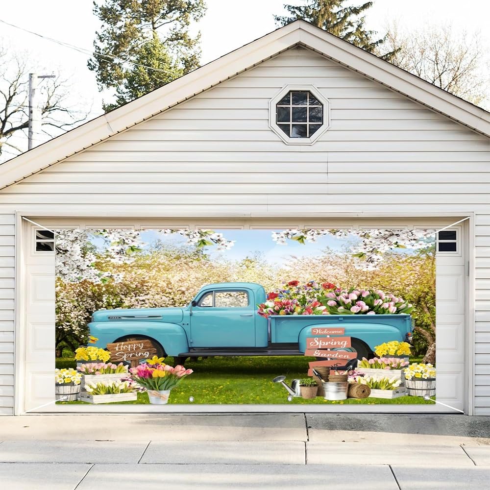 Leyiyi 7x16ft Hello Spring Garage Door Banner Cover Blue Truck Blooming Cherry Tree Large Spring Garage Door Cover Backdrop for Farm Spring Picnic