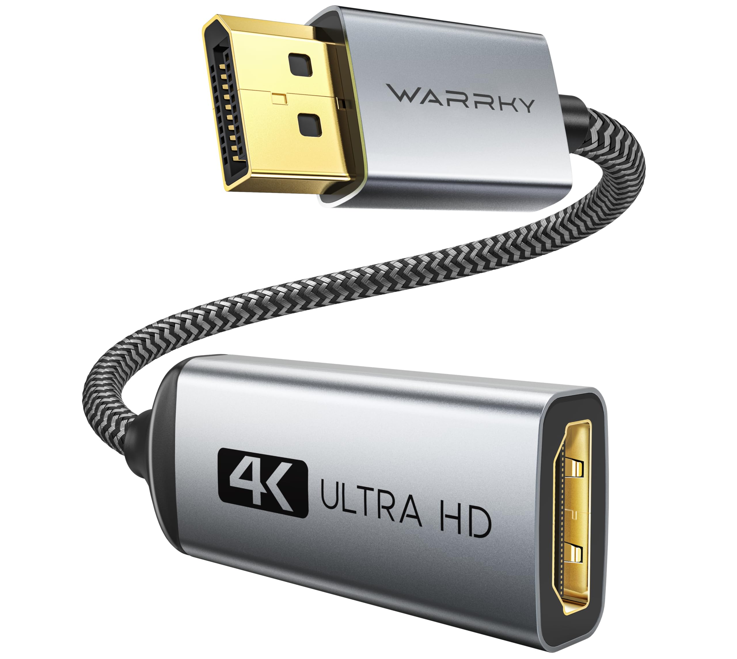 WARRKY Adaptateur DisplayPort vers HDMI 4K, Convertisseur DP 1.2 vers HDMI 1.4 Nylon Tressé pour Lenovo, HP, Dell, ASUS - Gris