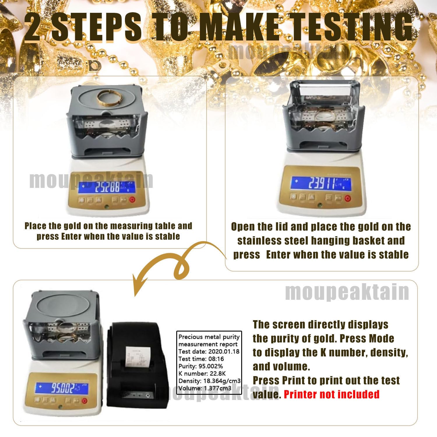 Goldprüfer, Goldprüfgerät, Goldreinheits-Analysegerät, Gold-K-Wert-Tester, Gold- Und Silberprüfer Mit Einer Genauigkeit Von 0.001g/Cm³, Edelmetallanalysator Mit LCD-Anzeige 300K