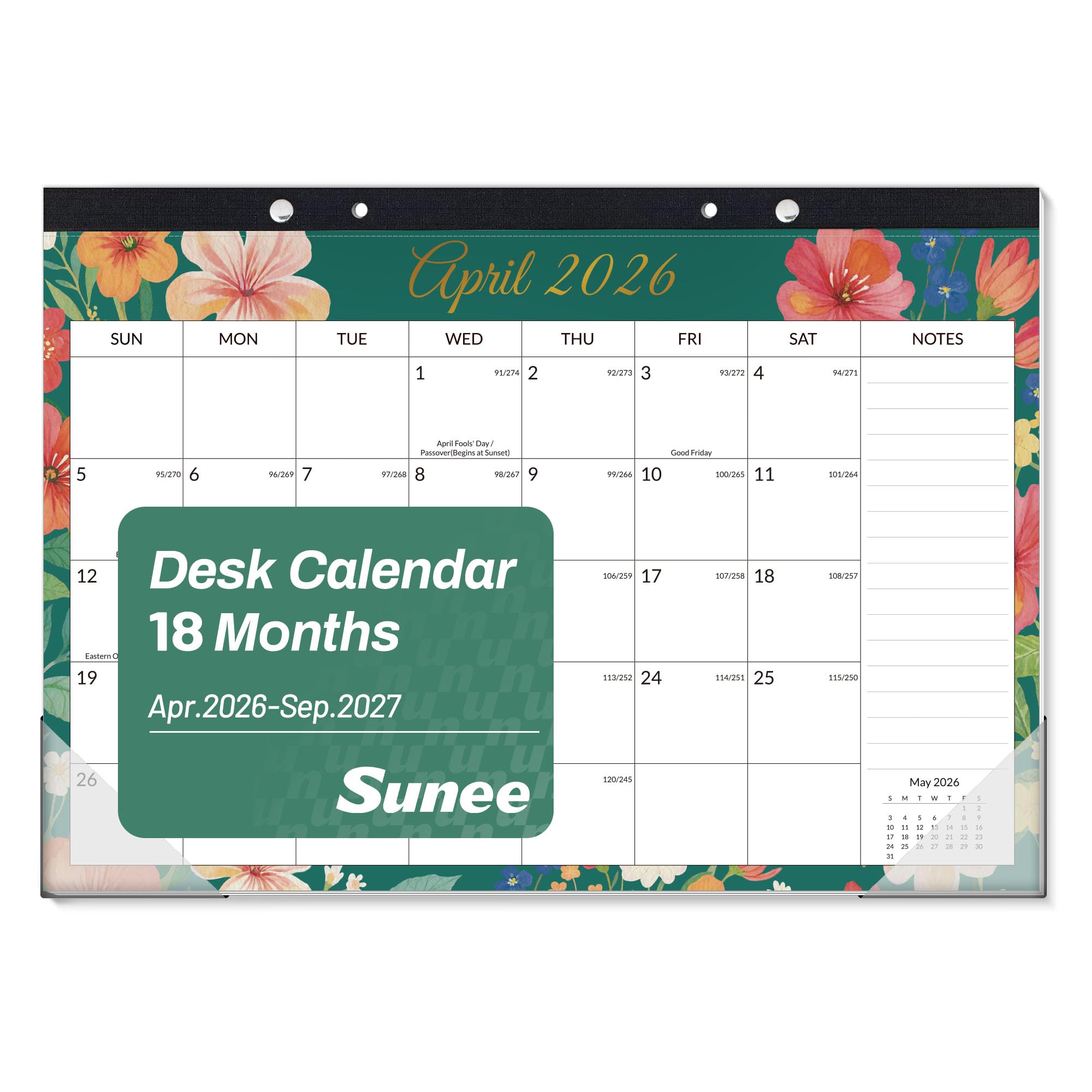 SUNEE Desk Calendar 2026-18 Month Calendar Apr. 2026 - Sep. 2027, 17" x 12" Calendar 2026 with Notes, for Planning, Organizing in Family, School or Office - Colorful Floral 2026 Calendar