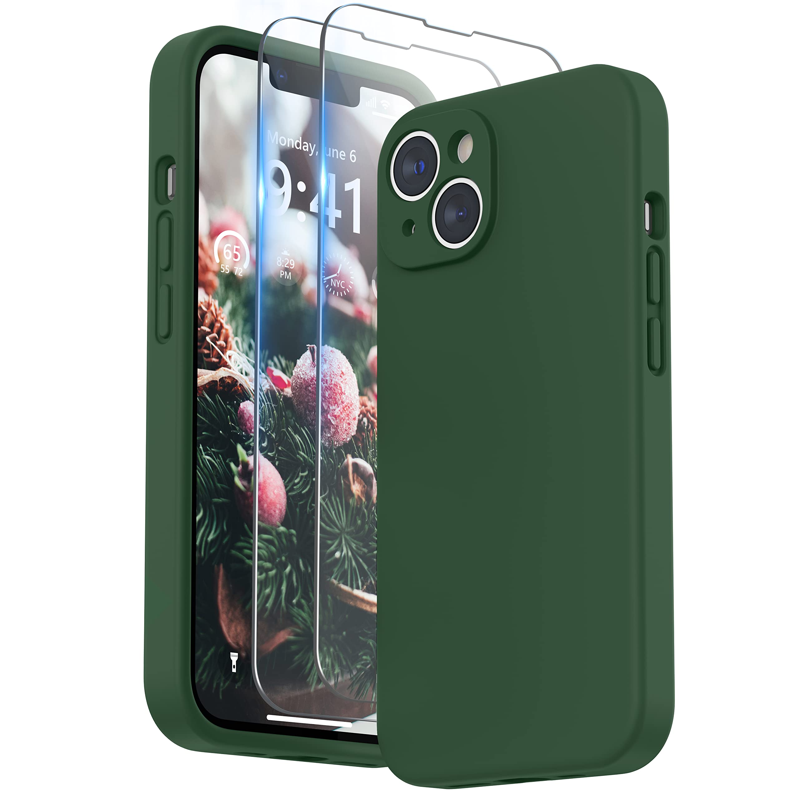SURPHY Silicone Cover per iPhone 14 6.1 Pollici, con Vetro Temperato, Custodia Antiurto per iPhone 14, con Protezione per Ogni Lente Full Body Protettiva Case per iPhone 14 2022, Verde trifoglio