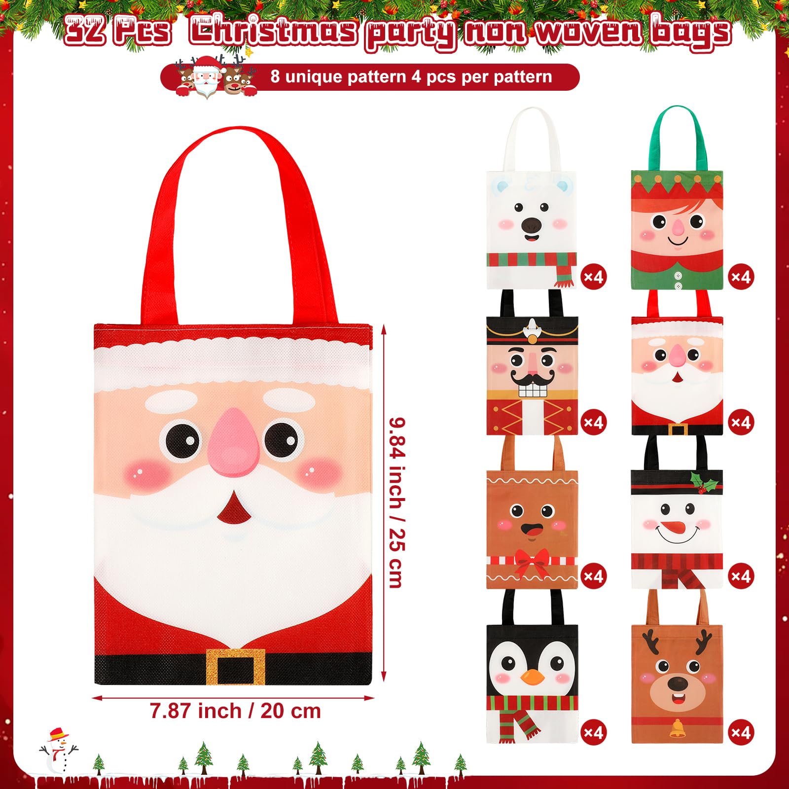 Photect 32 Bolsas de Navidad No Tejidas Bolsas de Golosinas de Navidad de Asas Bolsas de Regalo Navideñas de Mano de Papá Noel para Niños Dulces Envoltura de Regalos de Vacaciones Recuerdos de Fiesta