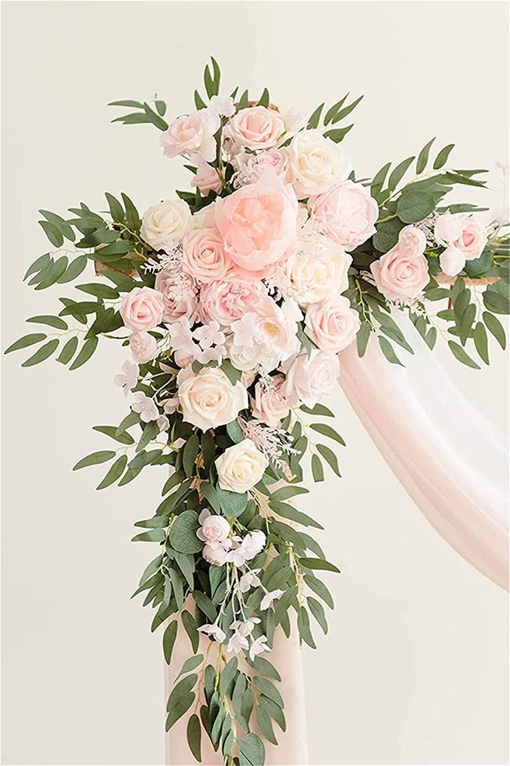Hochzeitsbogen-Blumen-Set, 2 Stück künstliche Blumenbogen-Dekoration, 2 Stück Chiffon-Stoffvorhänge, Zeremoniendekoration, florale Outdoor-Party-Dekoration(Light Pink)