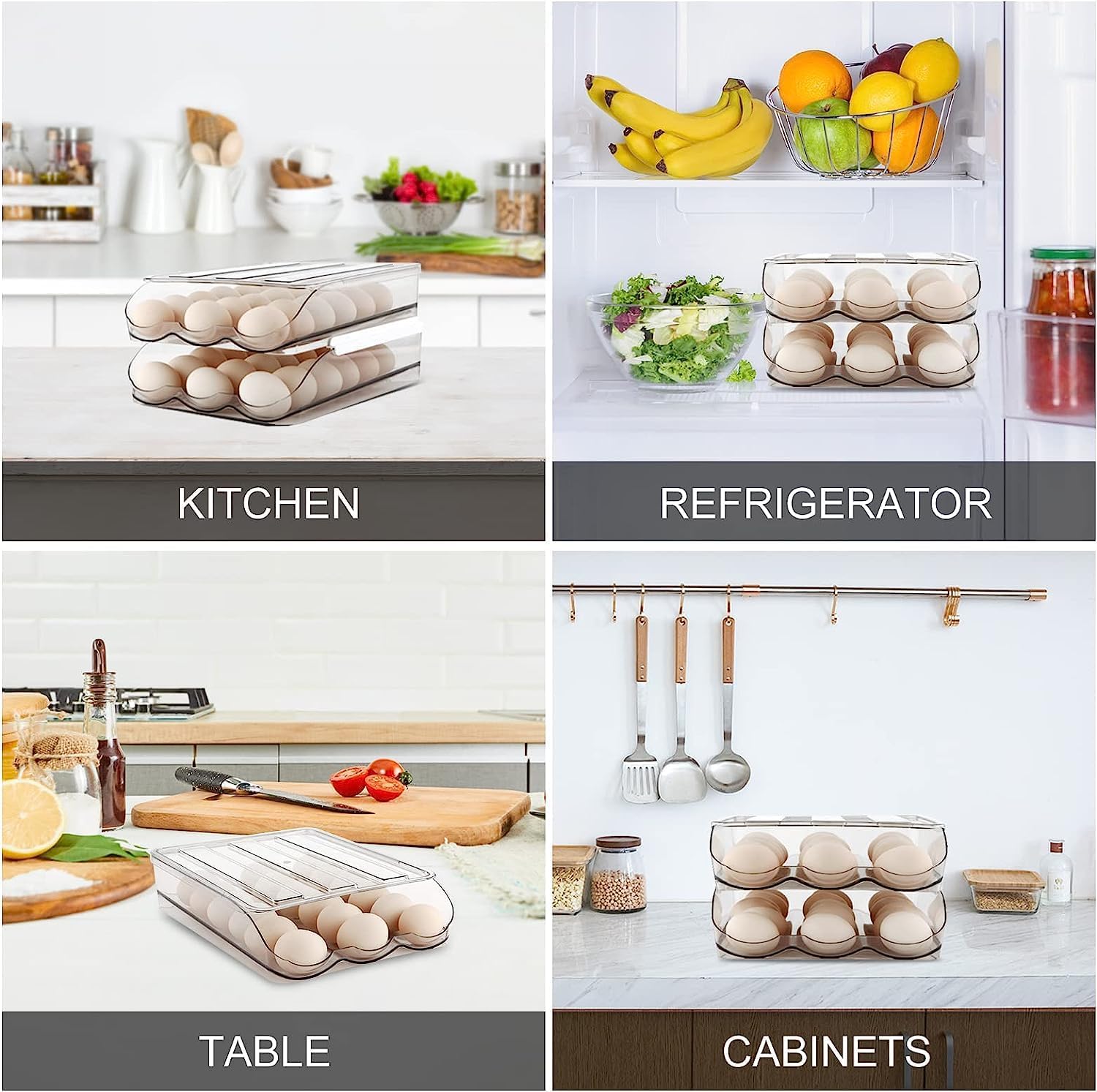 eBigValue Auto Rolling Egg Holder for Refrigerator – Reusable Auto-Roll Egg Holder – Stackable Clear Plastic Storage Tray with Lid for Fridge Organization Pack of 2