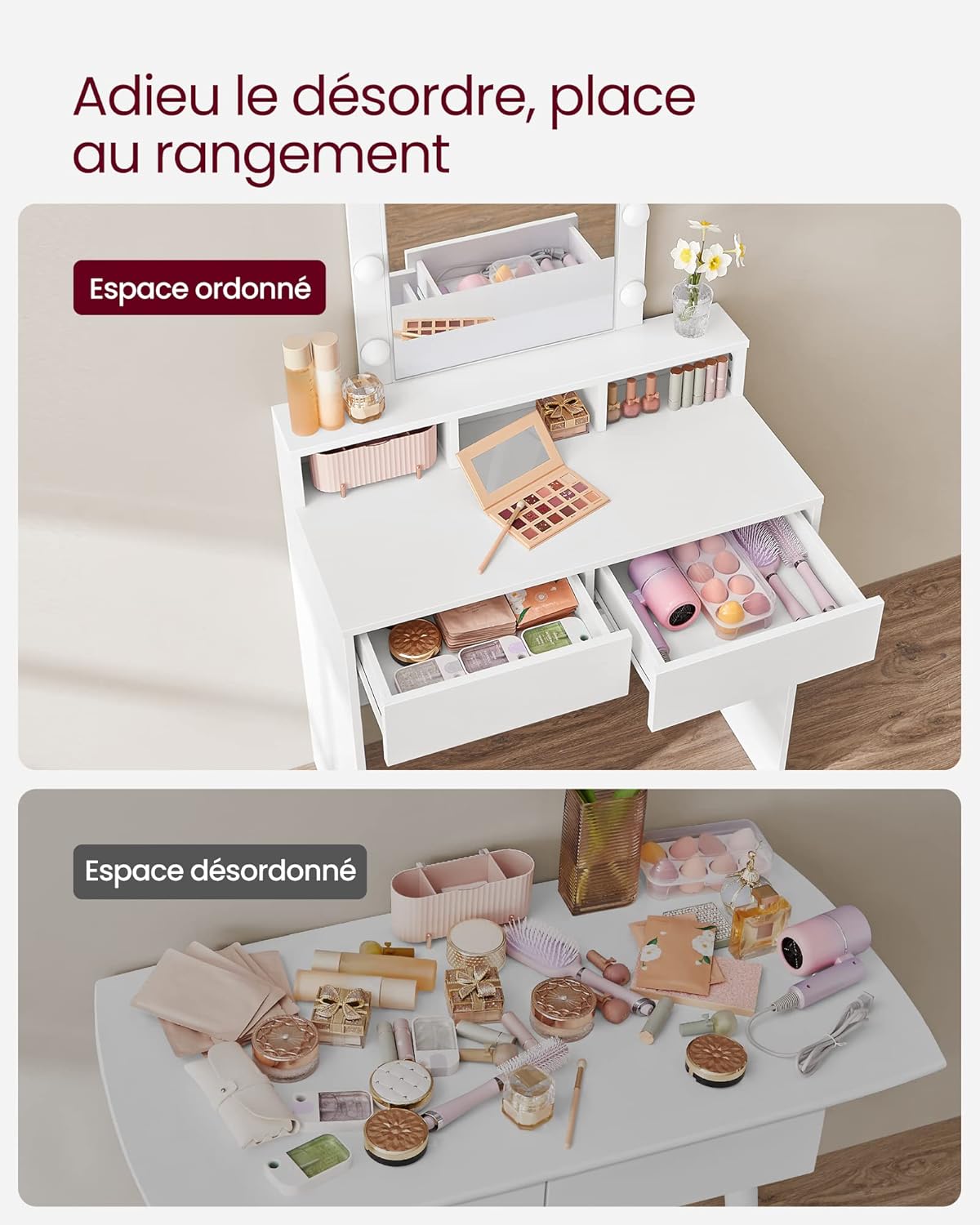 Dva srovnávací obrázky: jeden ukazuje toaletní stolek s úhledně uspořádanými kosmetickými produkty v zásuvkách a přihrádkách a druhý ukazuje přeplněnou plochu stolu.