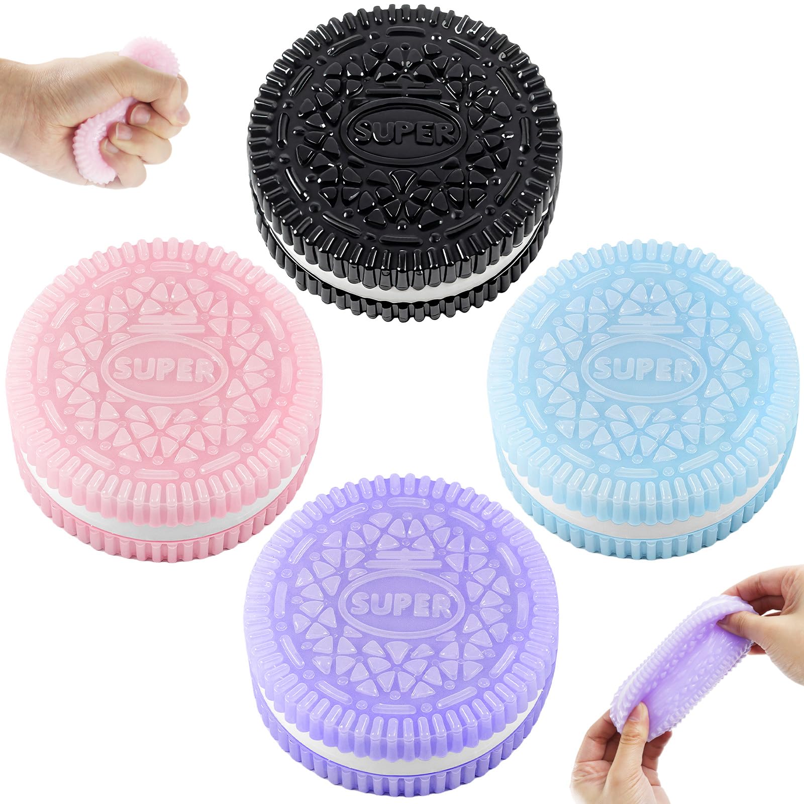 Sticky Cookie Squishies Fidget Toys Adults, Squeeze Toys Sensory Toys for Kids with Autism, Stress Balls for Adults Fidgets Birthday Gifts Party Favors for Kids(4 Pack Pink Black Green Purple)
