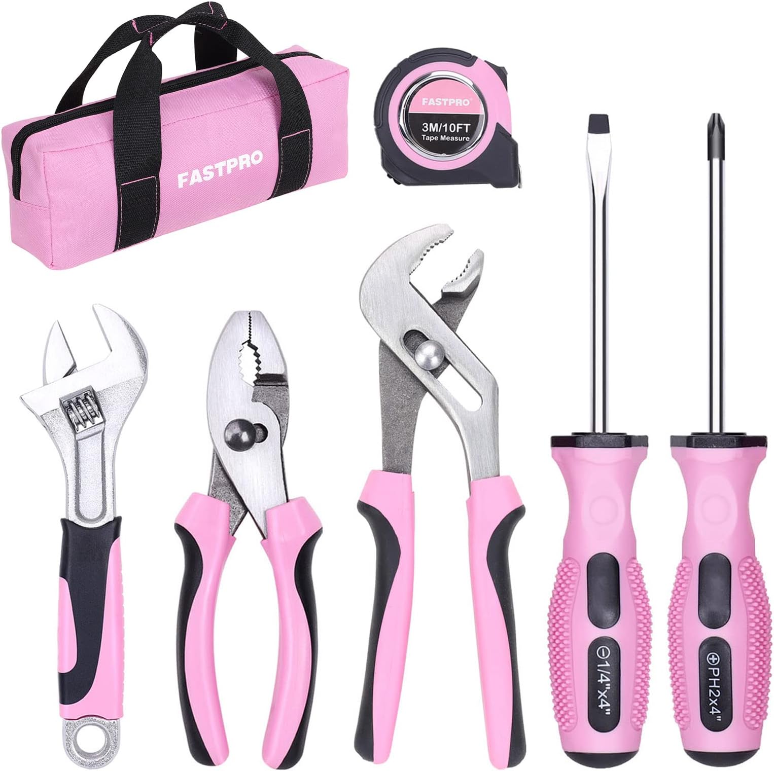 FASTPRO7-Piece Pink Tool Kit, Household Tool Set for women, Basic Hand Tools for Home Maintenance & Repairing, Includes Small Tool Bag