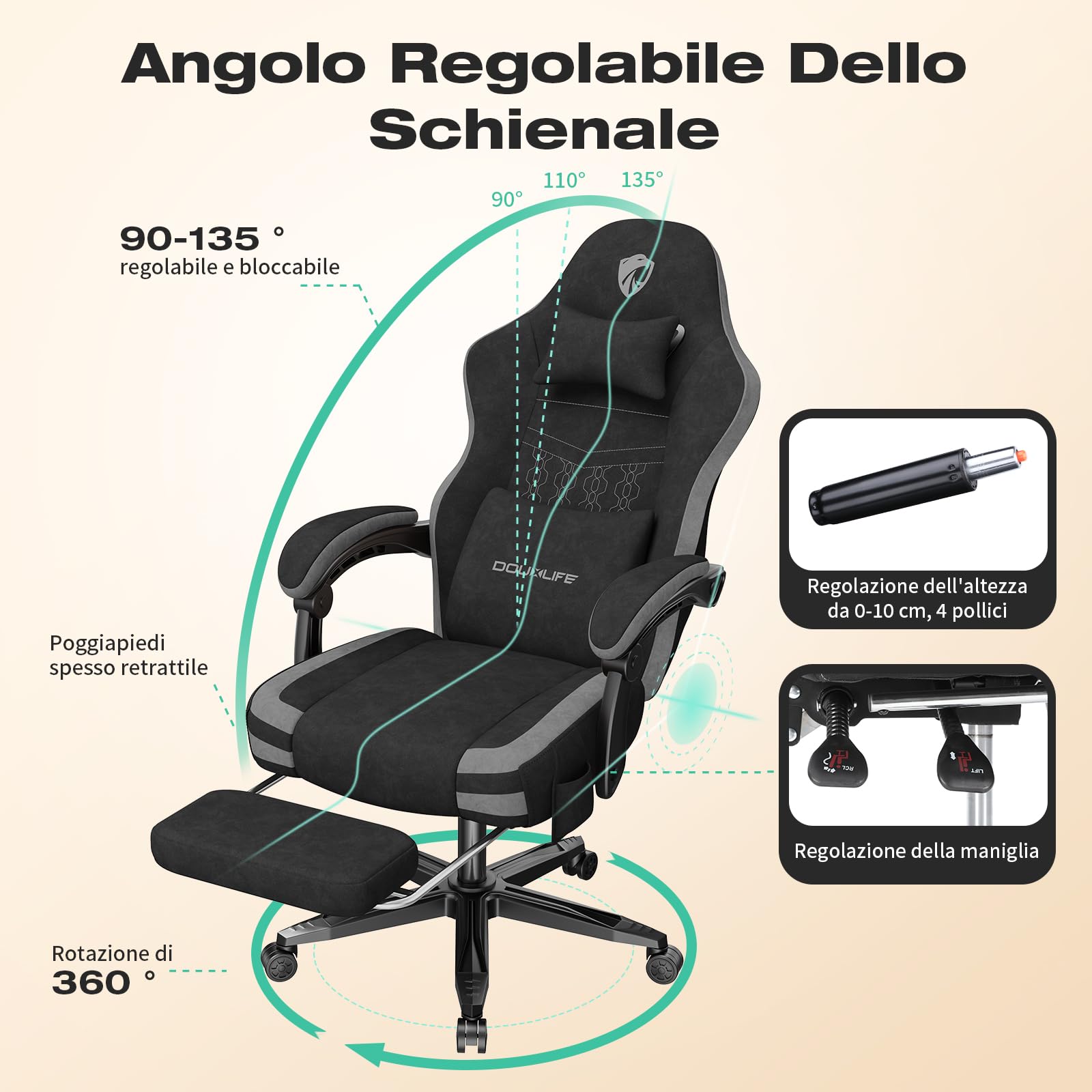 Douxlife Sedia Gaming Ergonomica, Sedia da Ufficio in Tessuto High-Tech,con cuscino primaverile, con Cuscino Lombare Massaggiante, Piedini metallici e Borsa Portaoggetti, Portata 158kg (Grigio)